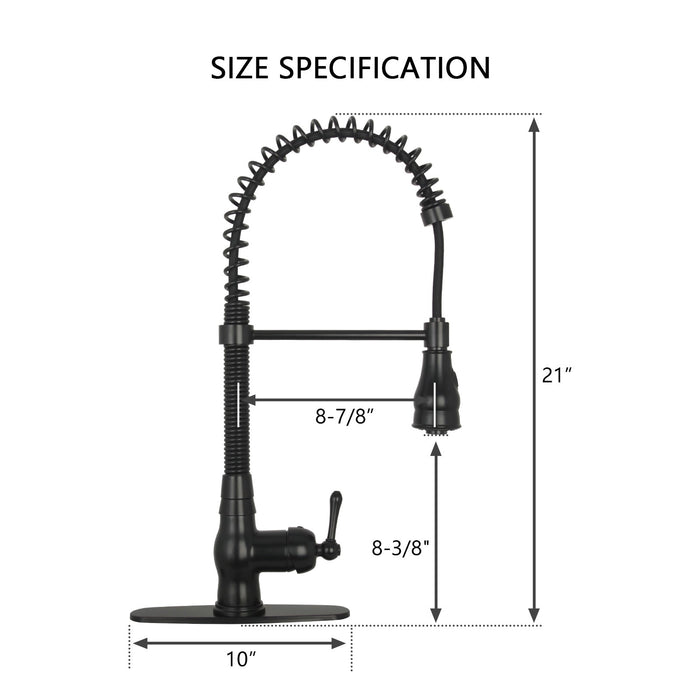 Matte Black Pre-Rinse Spring Kitchen Faucet, Single Level Solid Brass Kitchen Sink Faucets with Pull Down Sprayer - AK96518A-MB