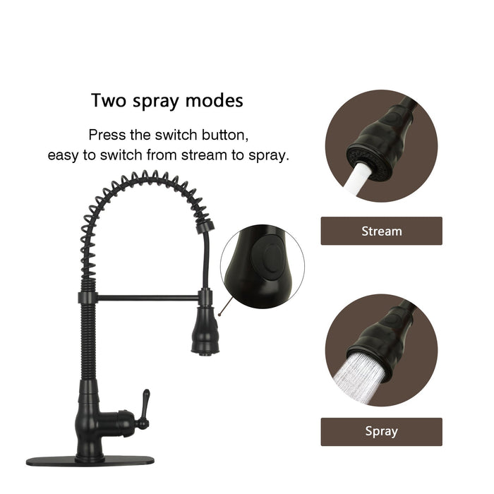 Matte Black Pre-Rinse Spring Kitchen Faucet, Single Level Solid Brass Kitchen Sink Faucets with Pull Down Sprayer - AK96518A-MB