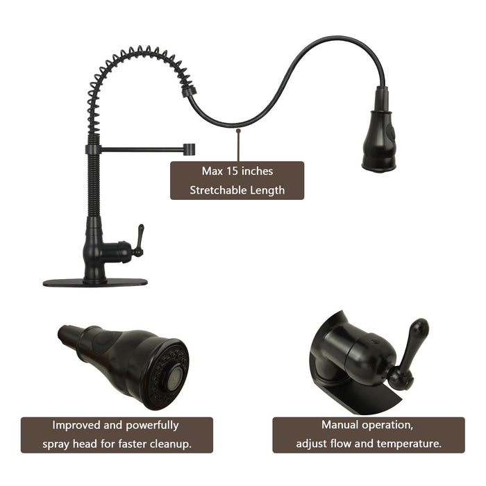 Matte Black Pre-Rinse Spring Kitchen Faucet, Single Level Solid Brass Kitchen Sink Faucets with Pull Down Sprayer - AK96518A-MB