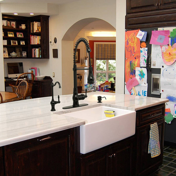 Matte Black Pre-Rinse Spring Kitchen Faucet, Single Level Solid Brass Kitchen Sink Faucets with Pull Down Sprayer - AK96518A-MB