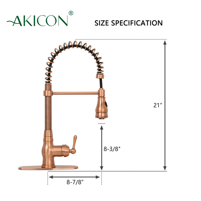 Copper Kitchen Faucet with Soap Dispenser, Single Handle Solid Brass High Arc Pull Down Sprayer Head Kitchen Sink Faucets with Deck Plate — AK96518A-SD-C