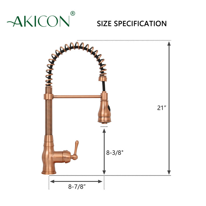 Copper Pre-Rinse Spring Kitchen Faucet, Single Level Solid Brass Kitchen Sink Faucets with Pull Down Sprayer — AK96518A-C-48