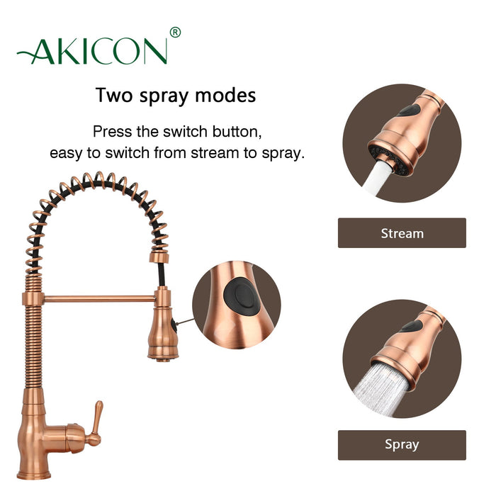 Copper Kitchen Faucet with Soap Dispenser, Single Handle Solid Brass High Arc Pull Down Sprayer Head Kitchen Sink Faucets with Deck Plate — AK96518A-SD-C