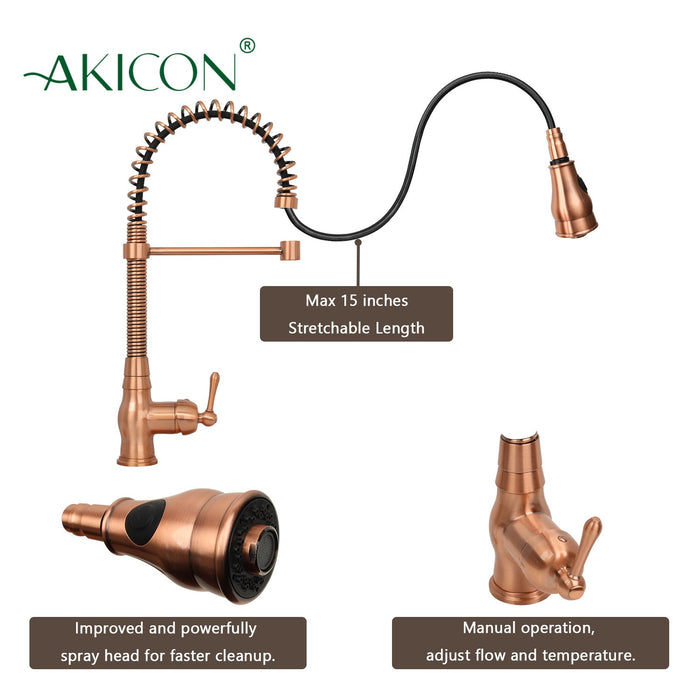 Copper Kitchen Faucet with Soap Dispenser, Single Handle Solid Brass High Arc Pull Down Sprayer Head Kitchen Sink Faucets with Deck Plate — AK96518A-SD-C