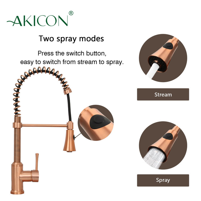 Copper Kitchen Faucet with Soap Dispenser, Single Handle Solid Brass High Arc Pull Down Sprayer Head Kitchen Sink Faucets with Deck Plate — AK96565-SD-C