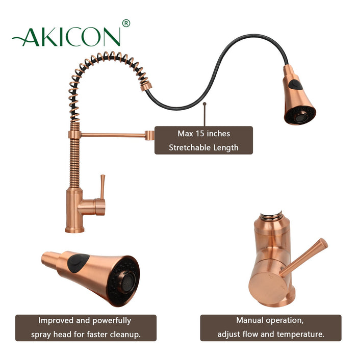 Copper Kitchen Faucet with Soap Dispenser, Single Handle Solid Brass High Arc Pull Down Sprayer Head Kitchen Sink Faucets with Deck Plate — AK96565-SD-C