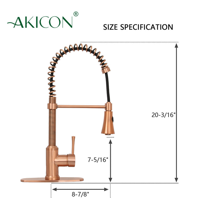 Copper Kitchen Faucet with Soap Dispenser, Single Handle Solid Brass High Arc Pull Down Sprayer Head Kitchen Sink Faucets with Deck Plate — AK96565-SD-C