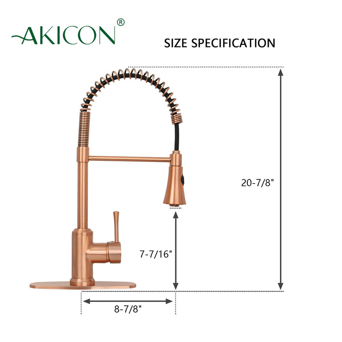 Copper Kitchen Faucet with Soap Dispenser, Single Handle Solid Brass High Arc Pull Down Sprayer Head Kitchen Sink Faucets with Deck Plate — AK96566-SD-C