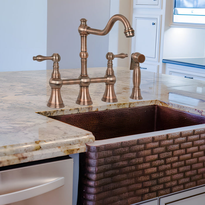 Two-Handles Antique Copper Bridge Kitchen Faucet with Side Sprayer - AK96718-AC