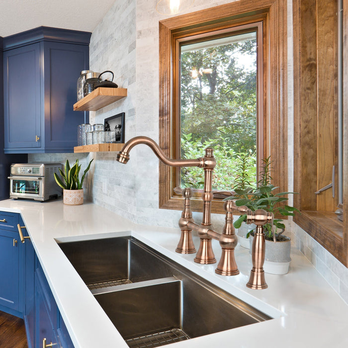 Two-Handles Antique Copper Bridge Kitchen Faucet with Side Sprayer - AK96718-AC