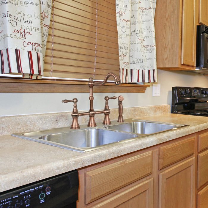 Two-Handles Antique Copper Bridge Kitchen Faucet with Side Sprayer - AK96718-AC