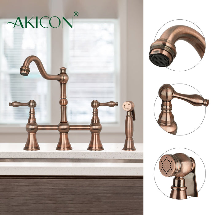 Two-Handles Antique Copper Bridge Kitchen Faucet with Side Sprayer - AK96718-AC