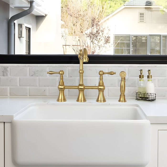 Two-Handles Brushed Gold Bridge Kitchen Faucet with Side Sprayer - AK96718BTG