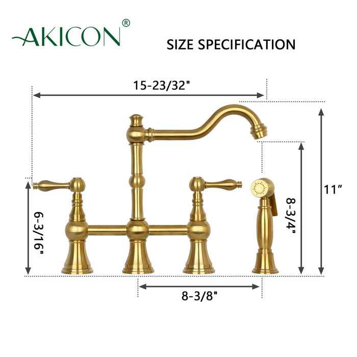 Two-Handles Brushed Gold Bridge Kitchen Faucet with Side Sprayer - AK96718BTG