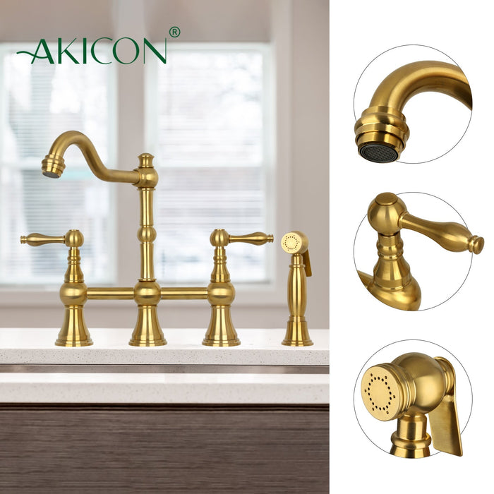 Two-Handles Brushed Gold Bridge Kitchen Faucet with Side Sprayer - AK96718BTG