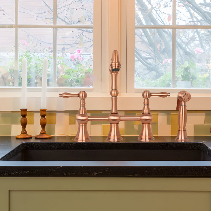 Two-Handles Copper Bridge Kitchen Faucet with Side Sprayer — AK96718-C-48
