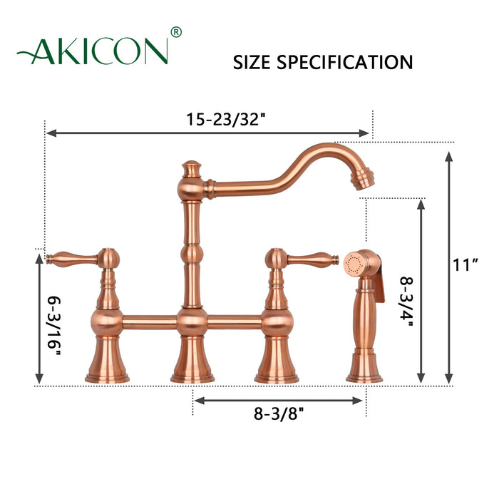 Two-Handles Copper Bridge Kitchen Faucet with Side Sprayer — AK96718-C-48