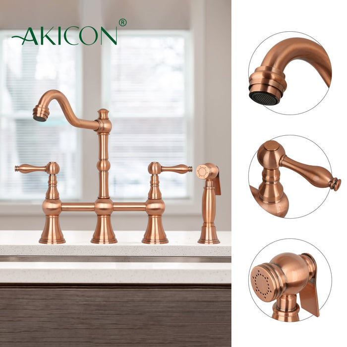 Two-Handles Copper Bridge Kitchen Faucet with Side Sprayer — AK96718-C-48
