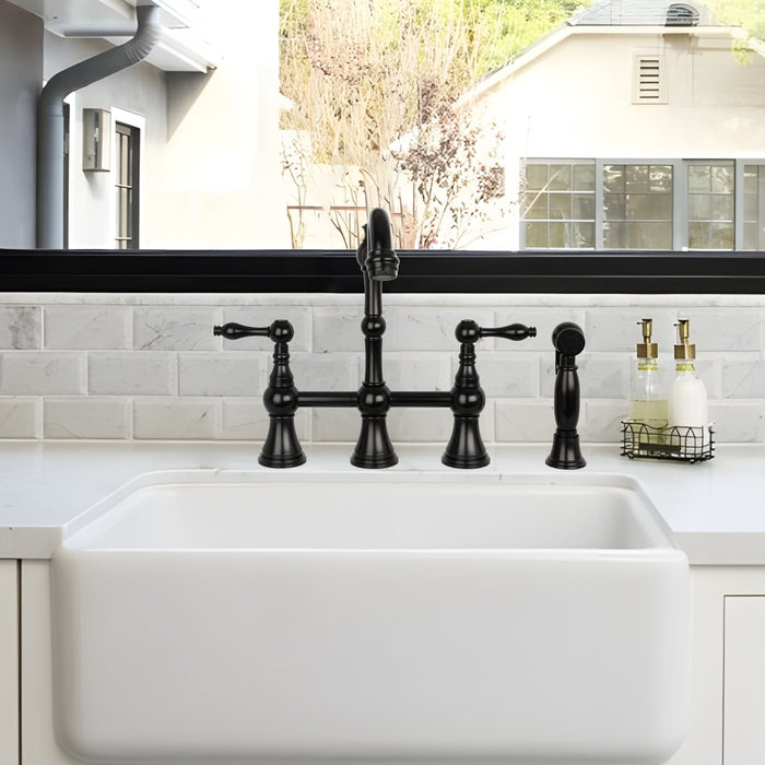 Two-Handles Matte Black Bridge Kitchen Faucet with Side Sprayer - AK96718-MB