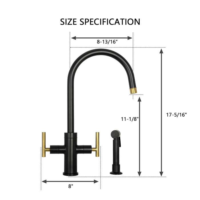 Two-Handle Matte Black & Brushed Gold Widespread Kitchen Faucet with Side Sprayer-AK96766-BLBG