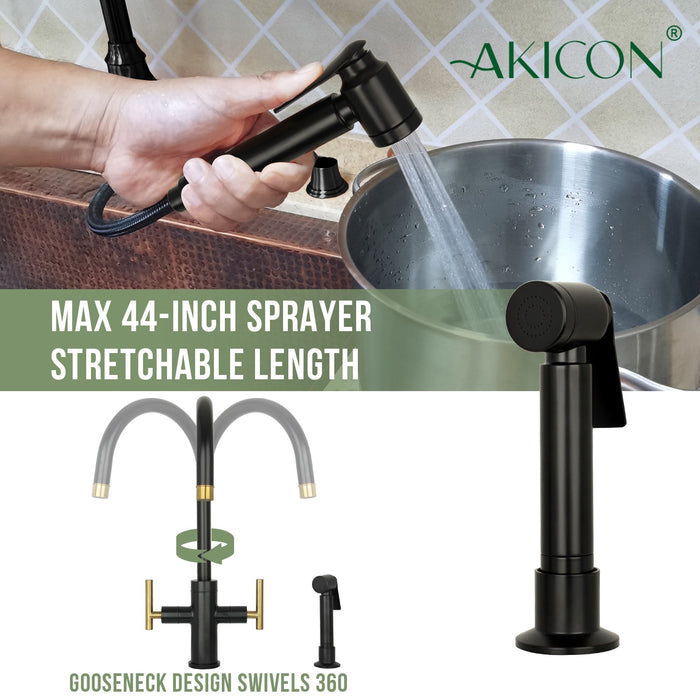 Two-Handle Matte Black & Brushed Gold Widespread Kitchen Faucet with Side Sprayer-AK96766-BLBG