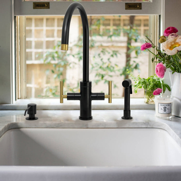 Two-Handle Matte Black & Brushed Gold Widespread Kitchen Faucet with Side Sprayer-AK96766-BLBG