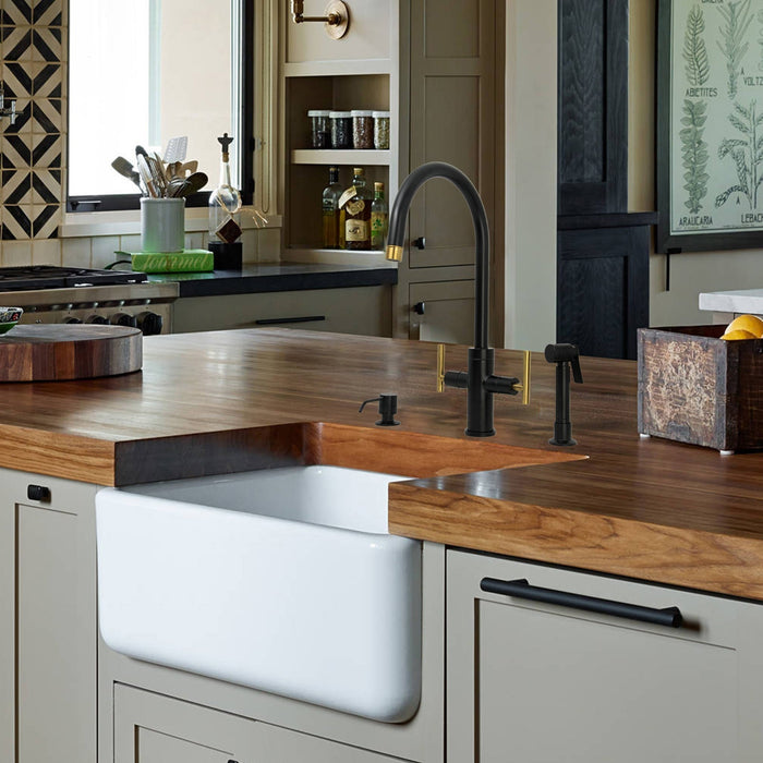 Two-Handle Matte Black & Brushed Gold Widespread Kitchen Faucet with Side Sprayer-AK96766-BLBG