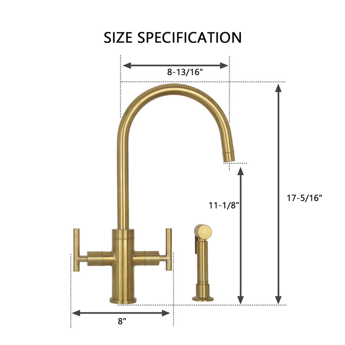 Two-Handle Brushed Gold Widespread Kitchen Faucet with Side Sprayer-AK96766-BTG