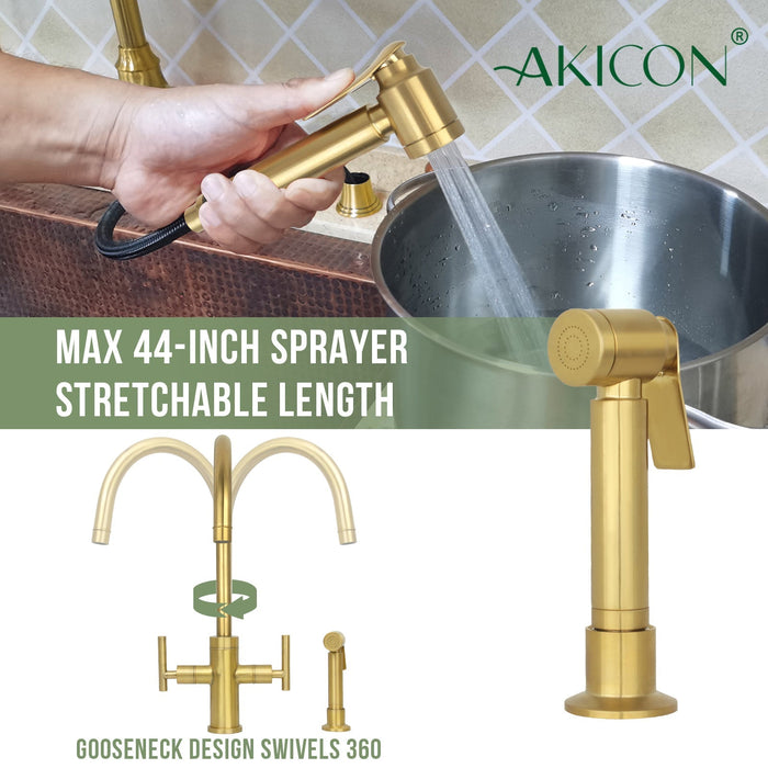 Two-Handle Brushed Gold Widespread Kitchen Faucet with Side Sprayer-AK96766-BTG