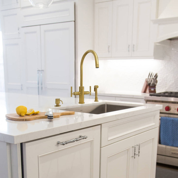 Two-Handle Brushed Gold Widespread Kitchen Faucet with Side Sprayer-AK96766-BTG