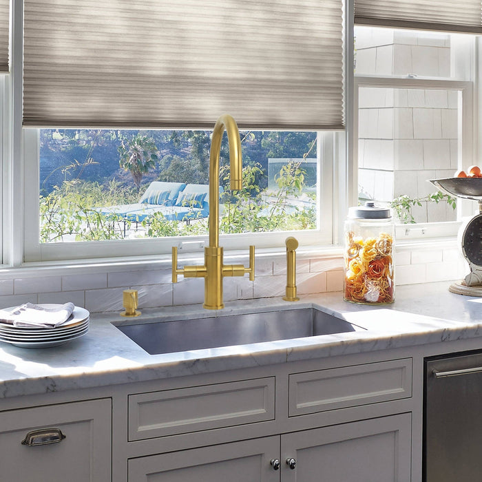 Two-Handle Brushed Gold Widespread Kitchen Faucet with Side Sprayer-AK96766-BTG