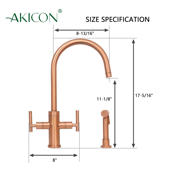 Two-Handle Copper Widespread Kitchen Faucet with Side Sprayer — AK96766-C-48