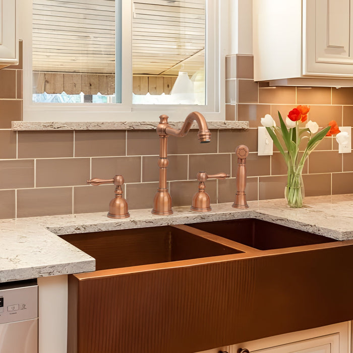 Two-Handles Copper Widespread Kitchen Faucet with Side Sprayer — AK96818-C-48
