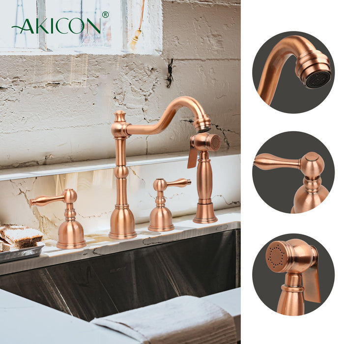 Two-Handles Copper Widespread Kitchen Faucet with Side Sprayer — AK96818-C-48