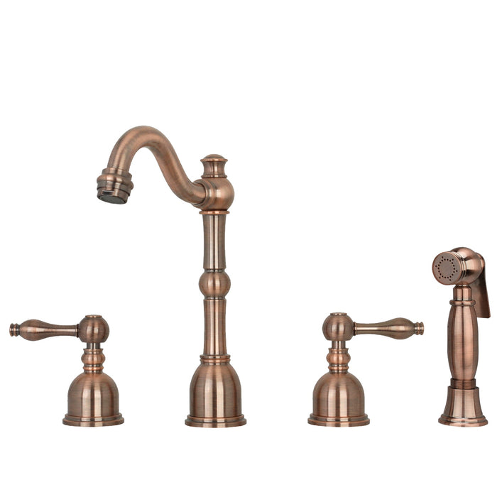 Two-Handles Copper Widespread Kitchen Faucet with Side Sprayer — AK96818-C-48