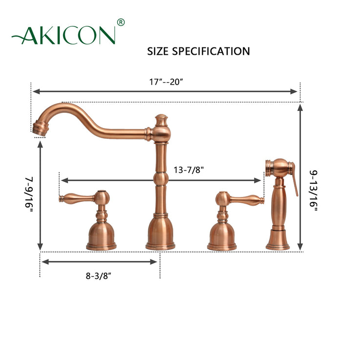 Two-Handles Copper Widespread Kitchen Faucet with Side Sprayer — AK96818-C-48