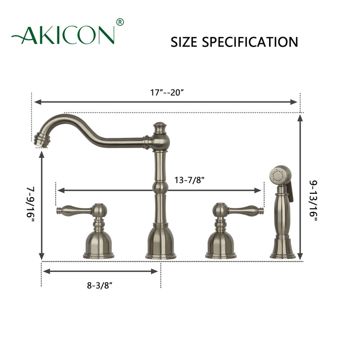 Two-Handles Brushed Nickel Widespread Kitchen Faucet with Side Sprayer - AK96818-BN