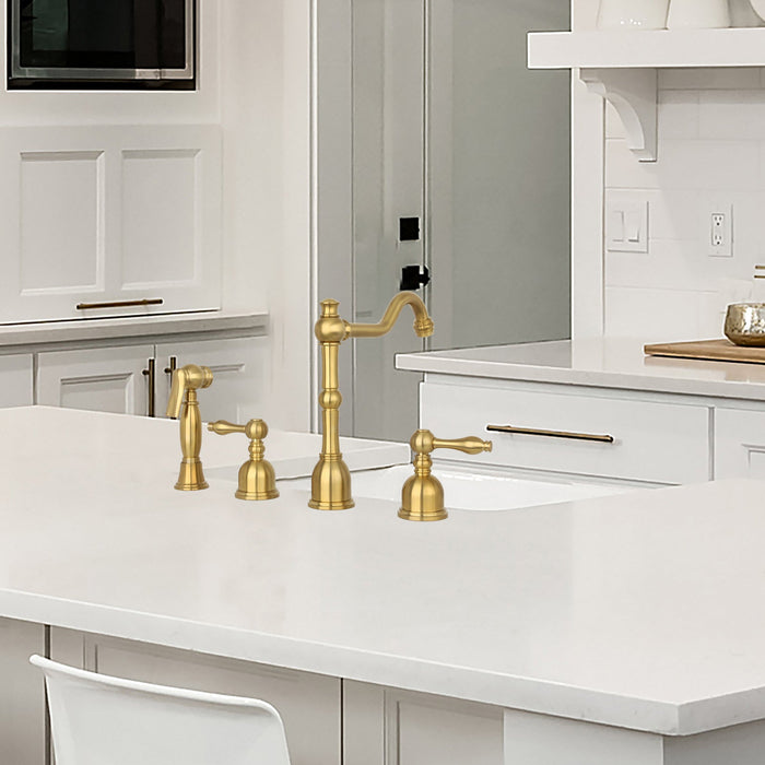 Two-Handles Brushed Gold Widespread Kitchen Faucet with Side Sprayer - AK96818BTG