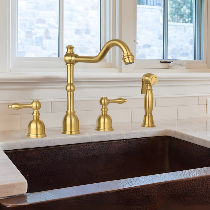 Two-Handles Brushed Gold Widespread Kitchen Faucet with Side Sprayer - AK96818BTG