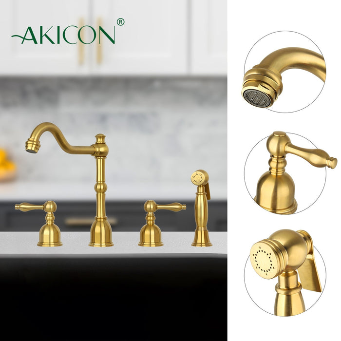 Two-Handles Brushed Gold Widespread Kitchen Faucet with Side Sprayer - AK96818BTG