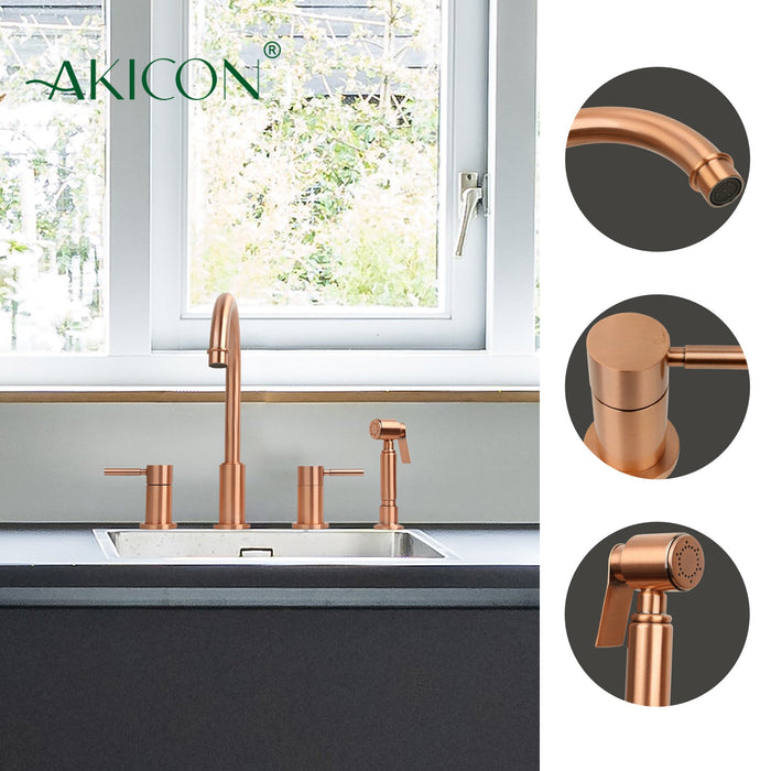 Two-Handles Copper Widespread Kitchen Faucet with Side Sprayer — AK96866-C-48