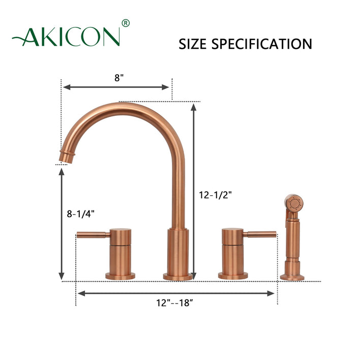 Two-Handles Copper Widespread Kitchen Faucet with Side Sprayer — AK96866-C-48