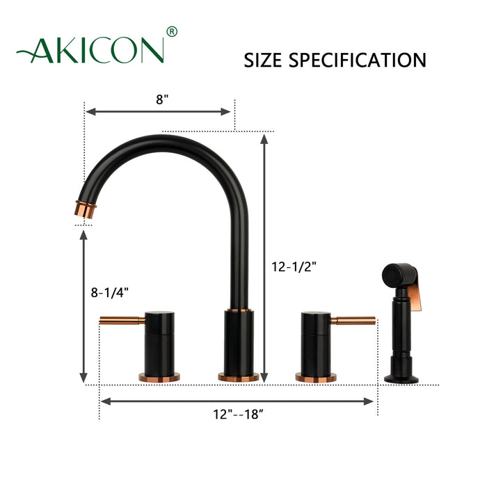 Two-Handles Matte Black & Rose Gold Widespread Kitchen Faucet with Side Sprayer - AK96866-BLRG