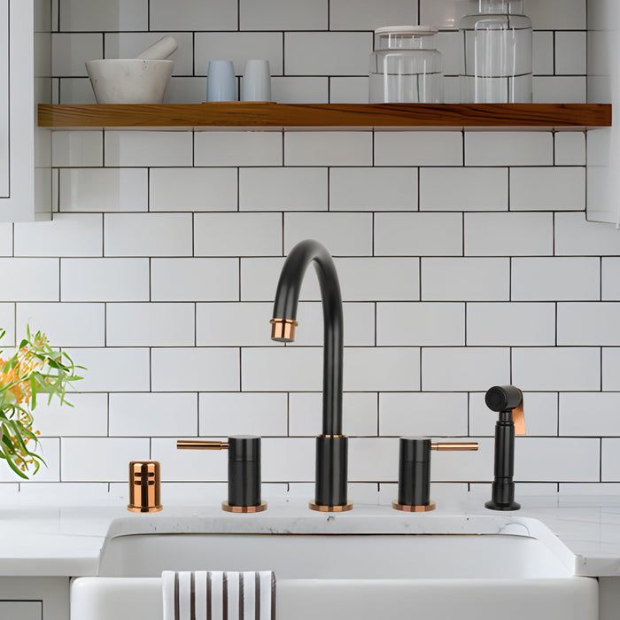 Two-Handles Matte Black & Rose Gold Widespread Kitchen Faucet with Side Sprayer - AK96866-BLRG