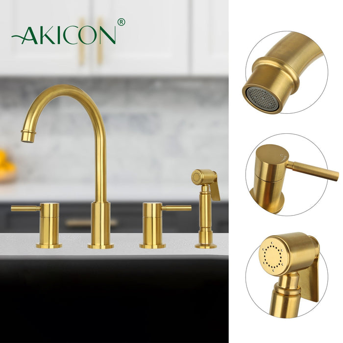 Two-Handles Brushed Gold Widespread Kitchen Faucet with Side Sprayer - AK96866BTG