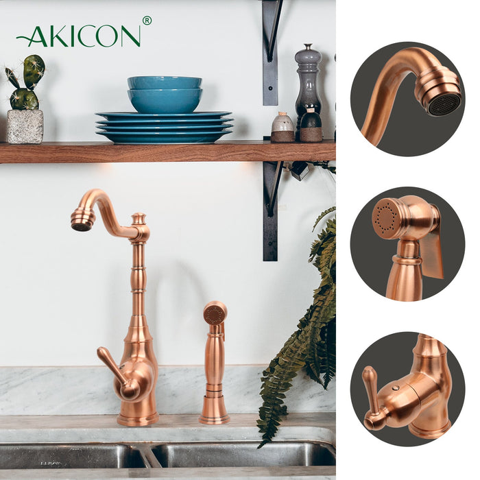 One-Handle Copper Widespread Kitchen Faucet with Side Sprayer — AK96918-C-48