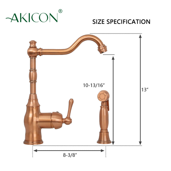 One-Handle Copper Widespread Kitchen Faucet with Side Sprayer — AK96918-C-48