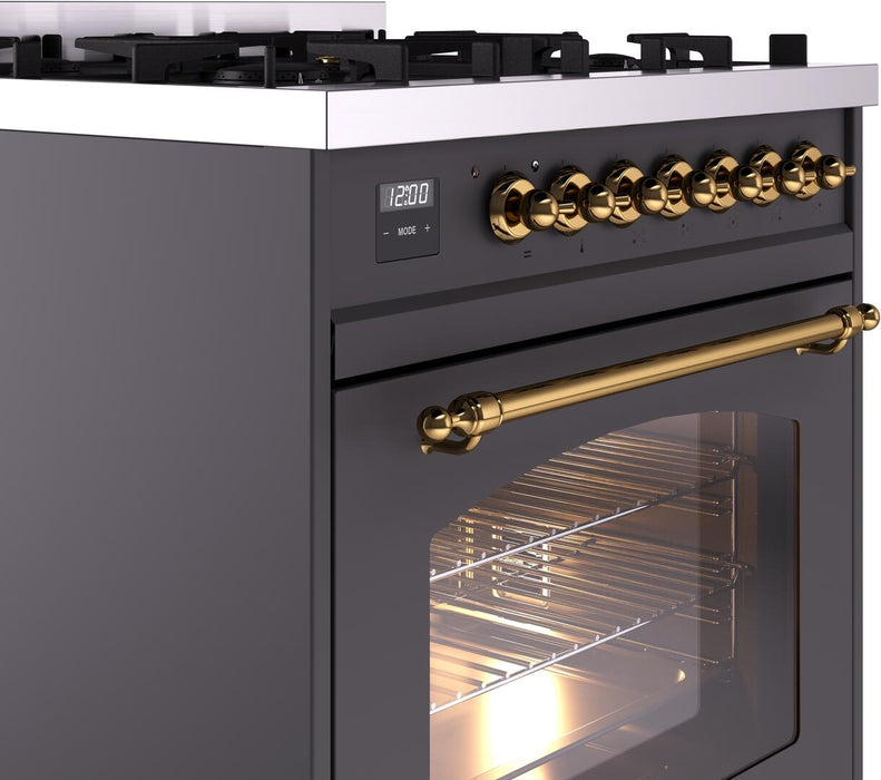 ILVE Nostalgie II 30" Dual Fuel Liquid Propane Range, Matte Graphite, Brass Trim UP30NMPMGBLP ILVE