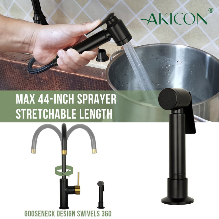 One-Handle Matte Black & Brushed Gold Widespread Kitchen Faucet with Side Sprayer-AK96966-BLBG