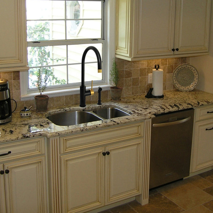 One-Handle Matte Black & Brushed Gold Widespread Kitchen Faucet with Side Sprayer-AK96966-BLBG